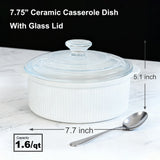 7.75" Ceramic Casserole Dish with Glass Lid – White. 1.6 QT