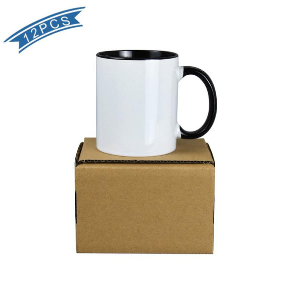 11 OZ Sublimation Coated Blank Mug With Black Inside And Handle,With Brown Mail Order Box,Case of 12 Pieces-Free Shipping!
